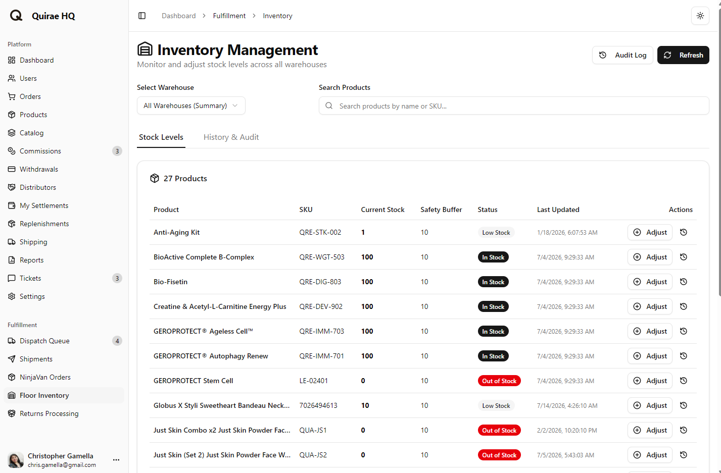 Quirae Commerce product screen